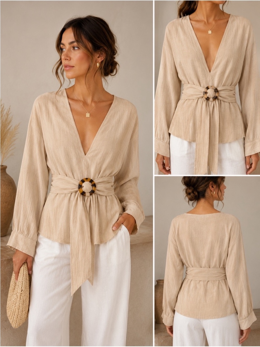 Zara Beige Textured Wrap Blouse Top w/ Tortoise Buckle Belt Size M